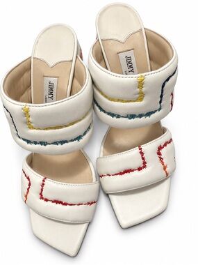 Jimmy Choo White Leather Multicolor Stitch Double-Band Mules